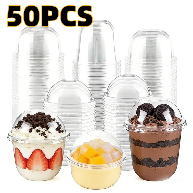50 Stück Einweg-Plastikbecher Transparente Dessertbecher Schalen mit Kuppeldeckel für Fruchtsaft Kaffee Eiscreme Kuchenbehälter