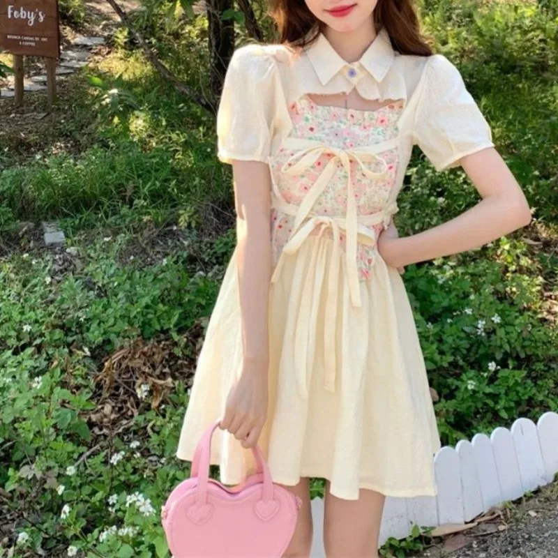 

Japanese Pure Desire Wind Lolita 2024 New Turndown Collar Panel Bow Fragmented Flower Folds Fashion Elegant Short Sleeve Dress