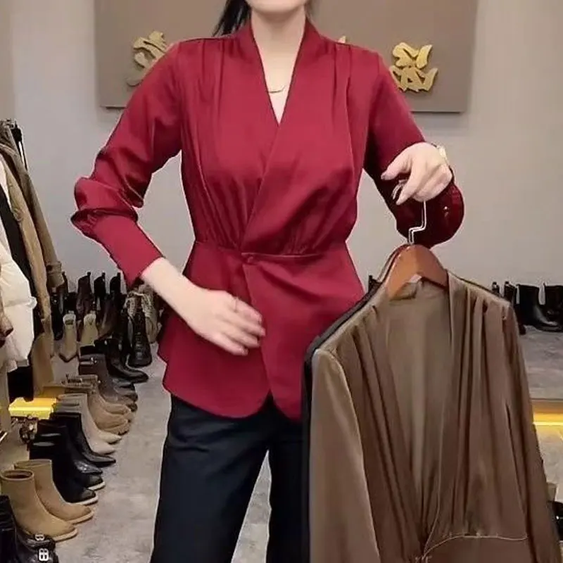 Female Clothing Solid Color V-Neck Blouse Commute Waist Slim 2023 Spring Autumn Casual Long Sleeve All-match Korean Button Shirt