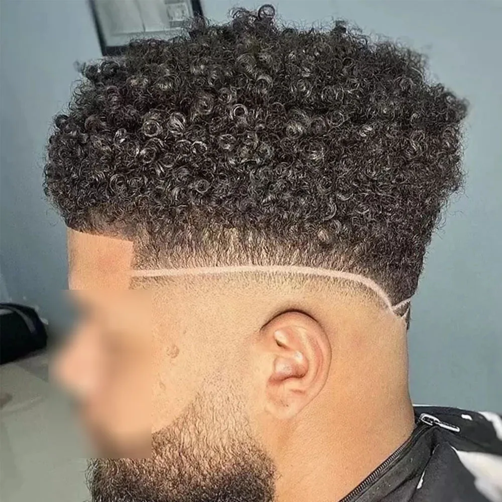 Toupee Encaracolado Durável Masculino, Peruca Afro-Americana, Pele Fina, Sistema Real De Substituição De Cabelo Humano, Unidade De Prótese, 15mm