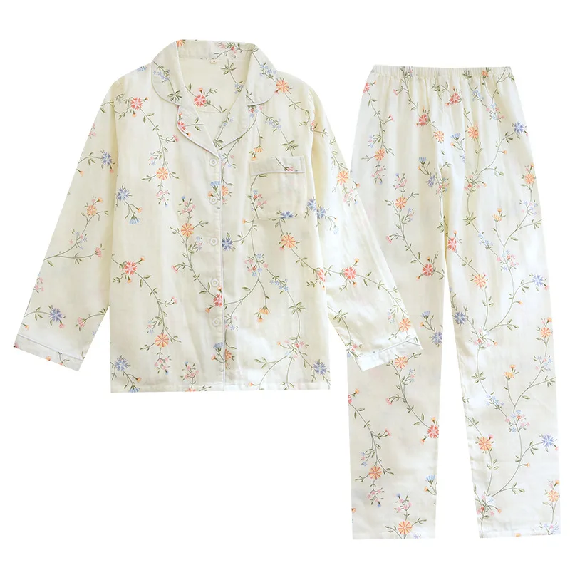 Spring/Summer 100% Cotton Gauze Women Homewear Casual Floral Printed Turn-down Collar Nightwear Long Sleeve Casual Pajama Suit