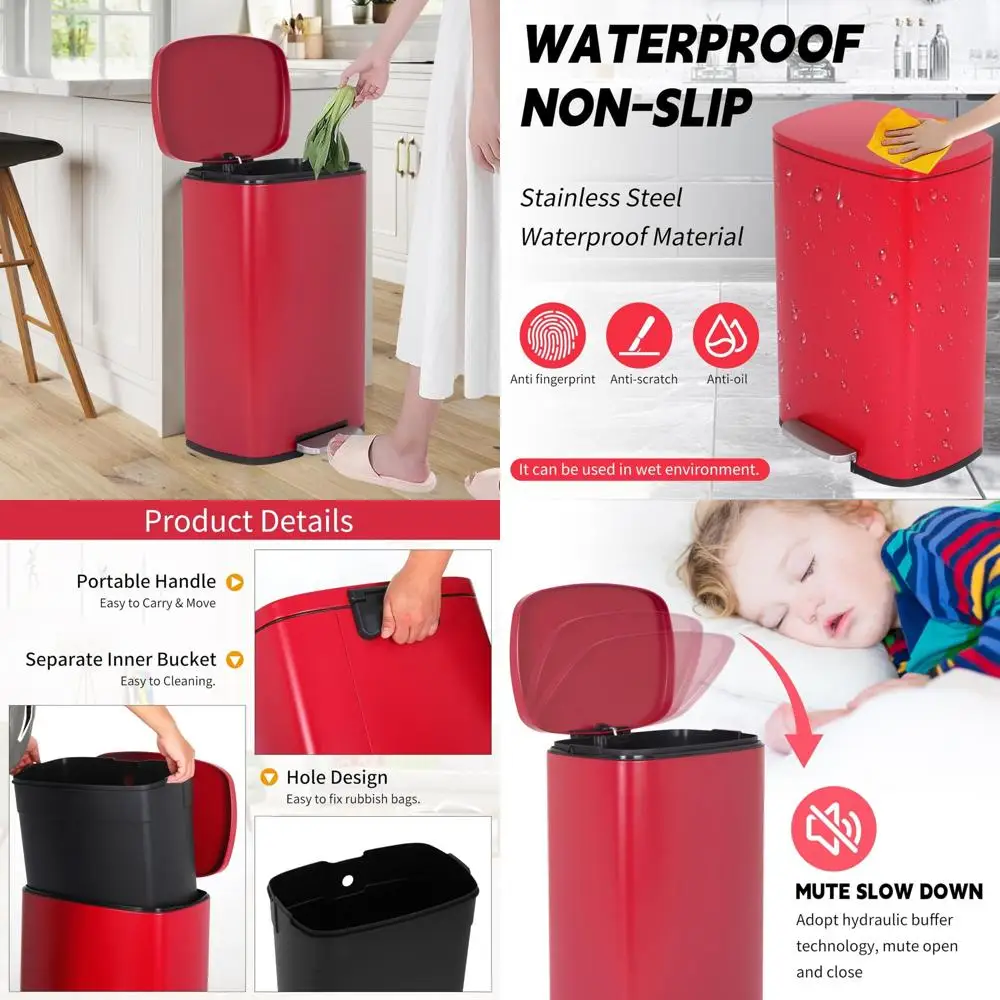 

13 gallon stainless steel pedal-operated trash can for kitchen and bathroom use