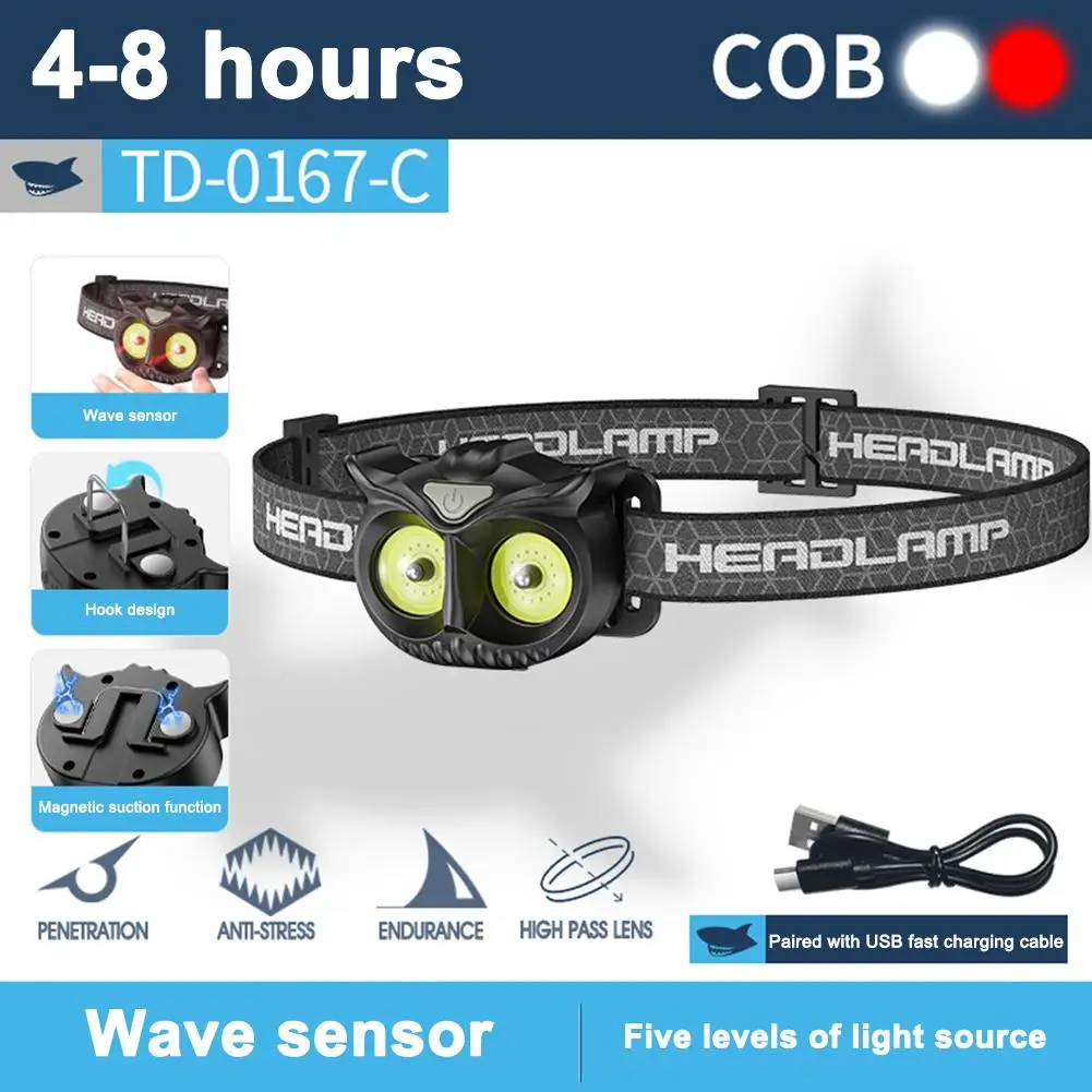 LED Owl Headlight With Hook Waterproof USB Rechargeable Flashlight Light Camp Strong Outdoor Hiking Light Magnetic Head-mou M1Q0