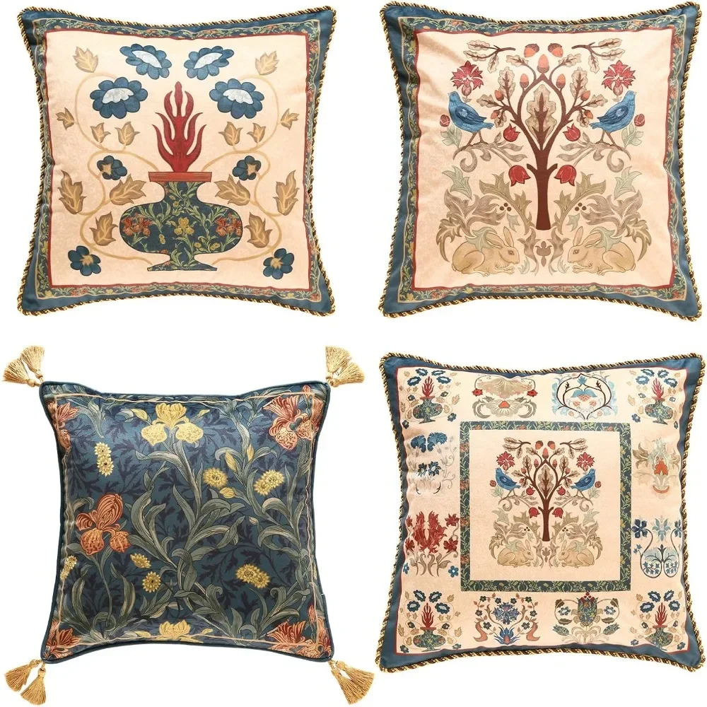 

Vintage Folk Velvet Throw Pillow Cover 18x18 inches,Blue Quaint Floral Collection Pattern,Decorative Square Pillowcases Cushion