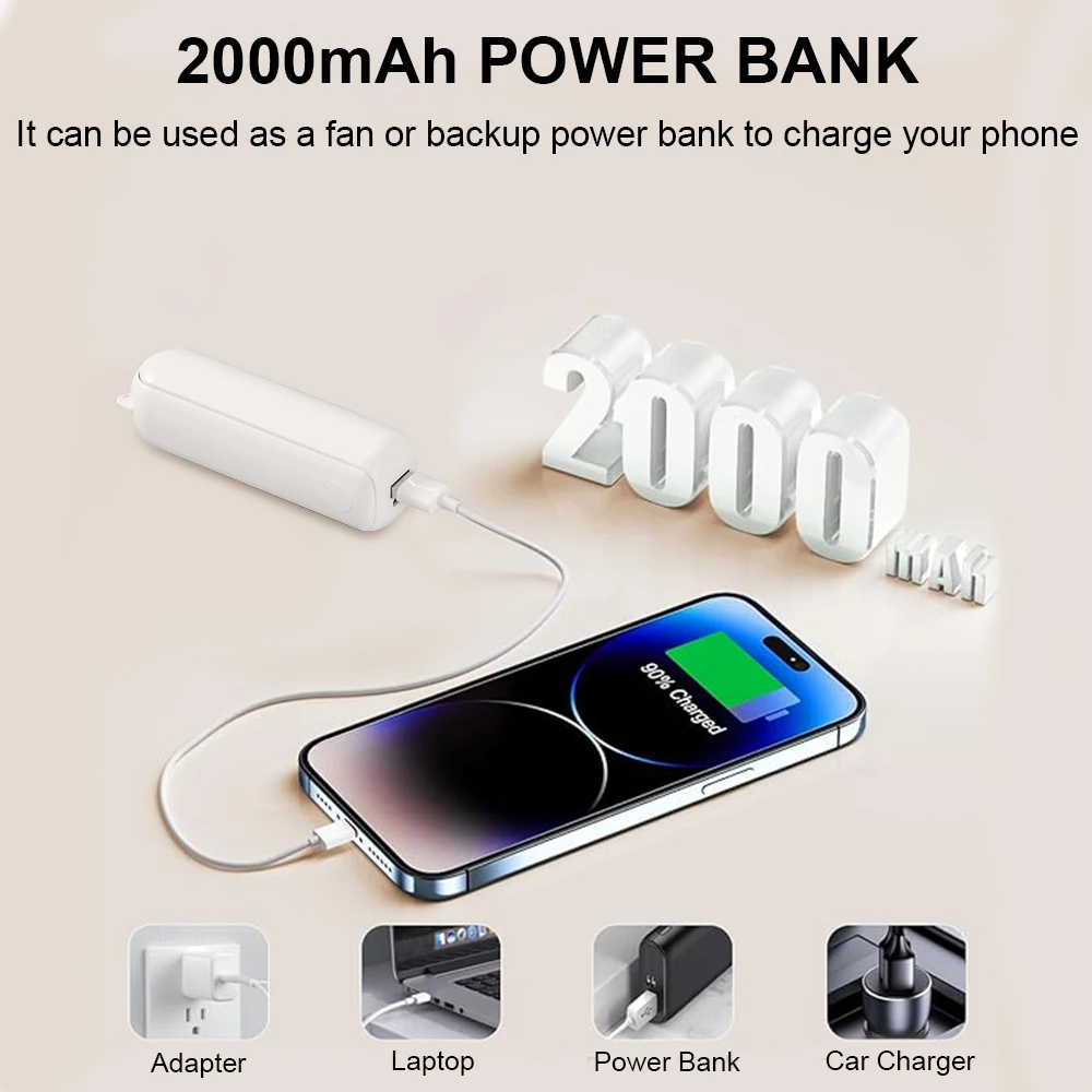 Kipas angin genggam Mini Portabel 3 in 1, kipas lipat USB isi ulang 2000mAh 3 kecepatan dapat diatur untuk perjalanan luar ruangan