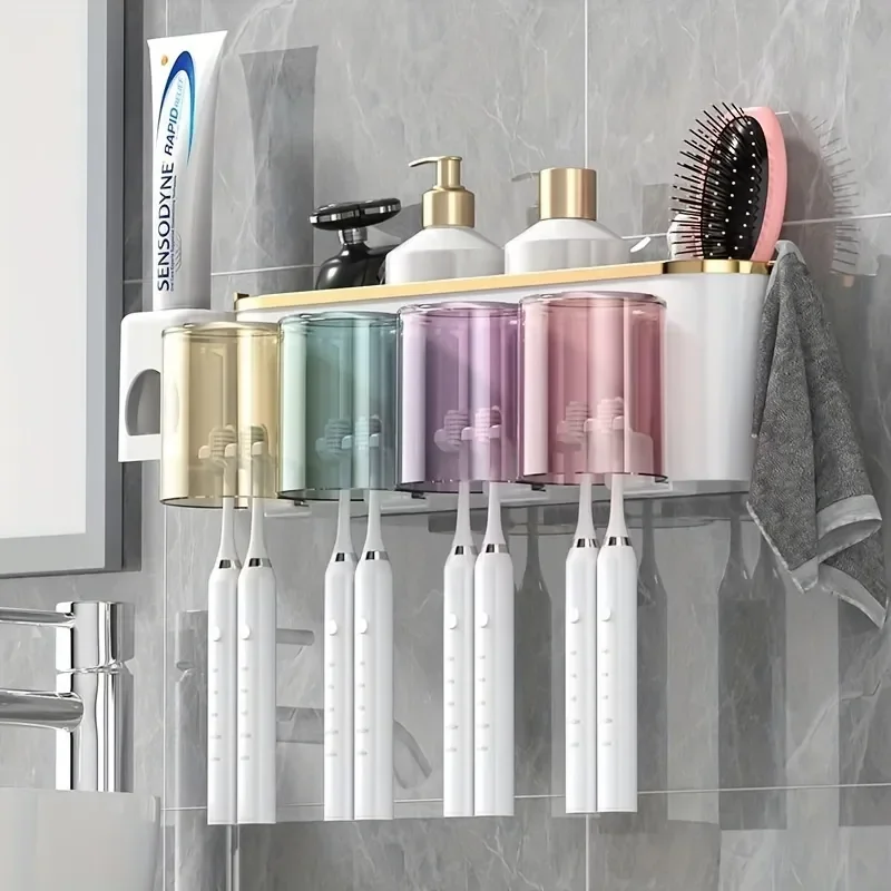 Toothbrush Holder With Squeezer Perforation-free Bathroom Shelf Mouthwash Cup Toothbrush Holder Toothbrush sanitizer Ecoco uv