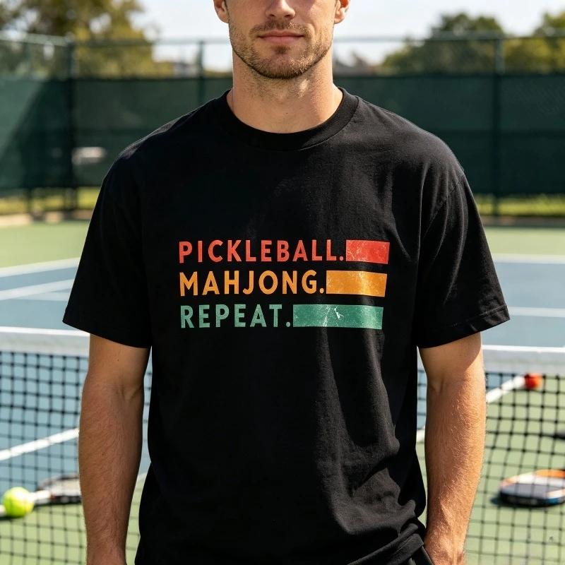 Men’s Sport T-Shirt “PICKLEBALL. MAHJONG. REPEAT.” Color Block Letter Print Soft Modal Tee Casual Top for Street Daily Use