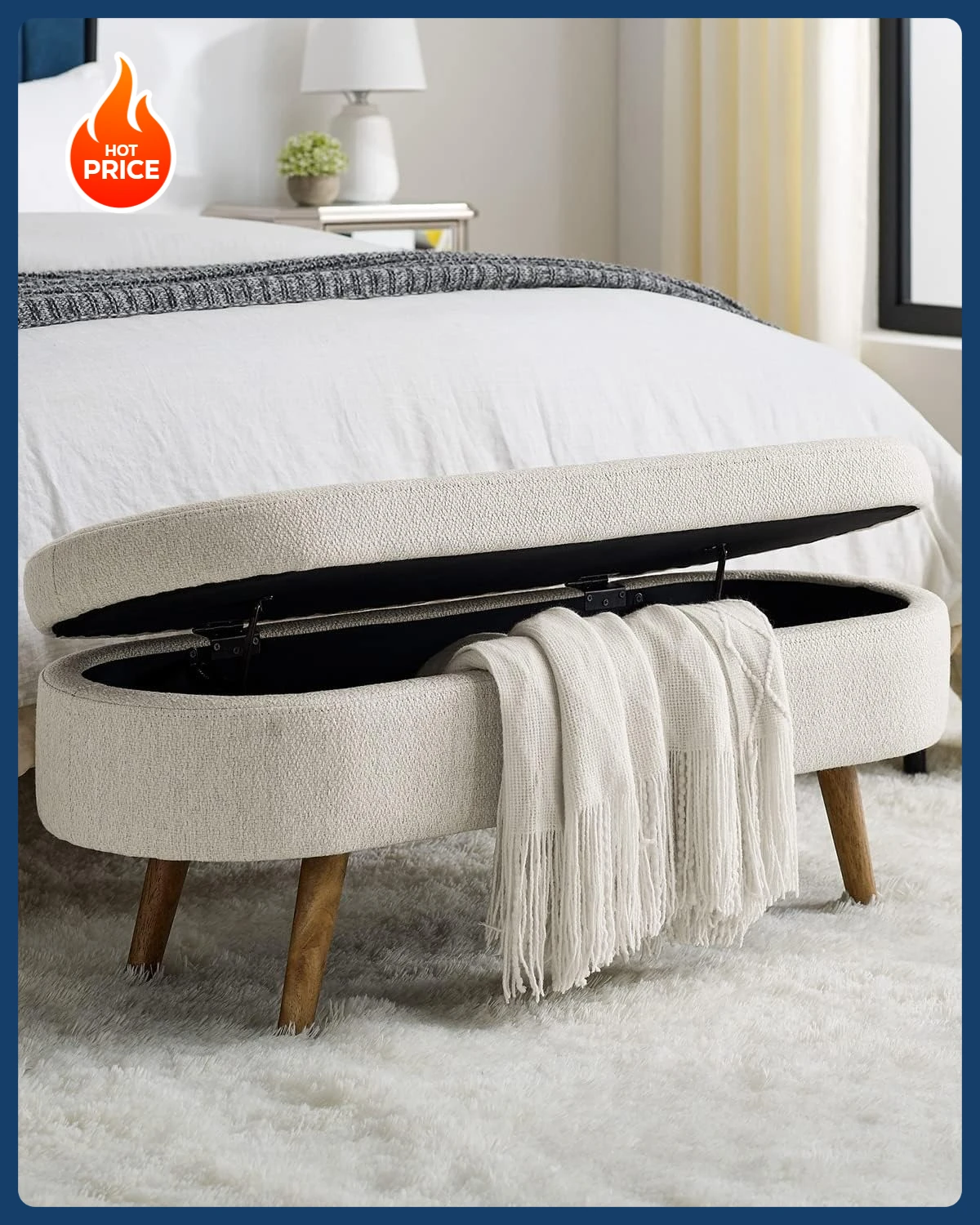 [Rabattpreis! Ovale Aufbewahrungsbank, 109,9 cm, mit Leinenstoff gepolsterte Eingangsbank mit Beinen aus massivem Holz, Ottomane-Bank für den Innenbereich