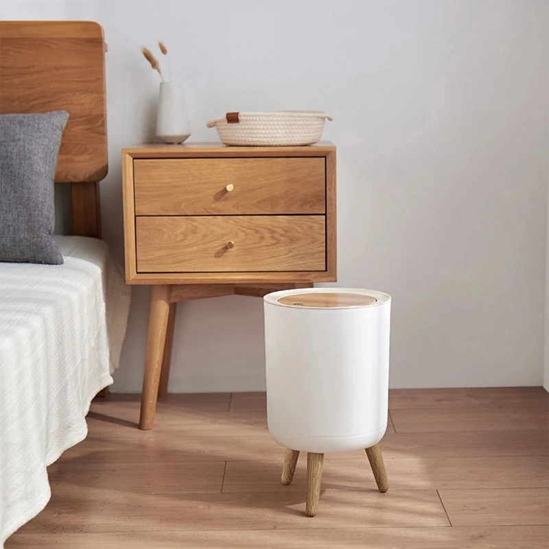 Large Capacity Press Type Trash Bin Desktop High Foot Garbage Container With Wood Grain Cover Nordic Style Household Accessories