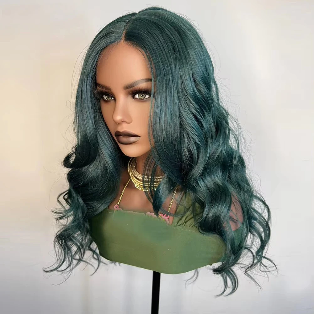 QW Synthetic Hair Green  Body Wave Soft 13X4 Lace Front Wig For Women Hair Heat Resistant Fiber Cosplay  Daily