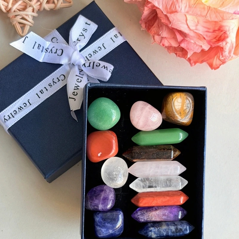 1 set natural decorative stone random box-7 chakra double point with tumbled stone crystal box，ideal gift for Halloween