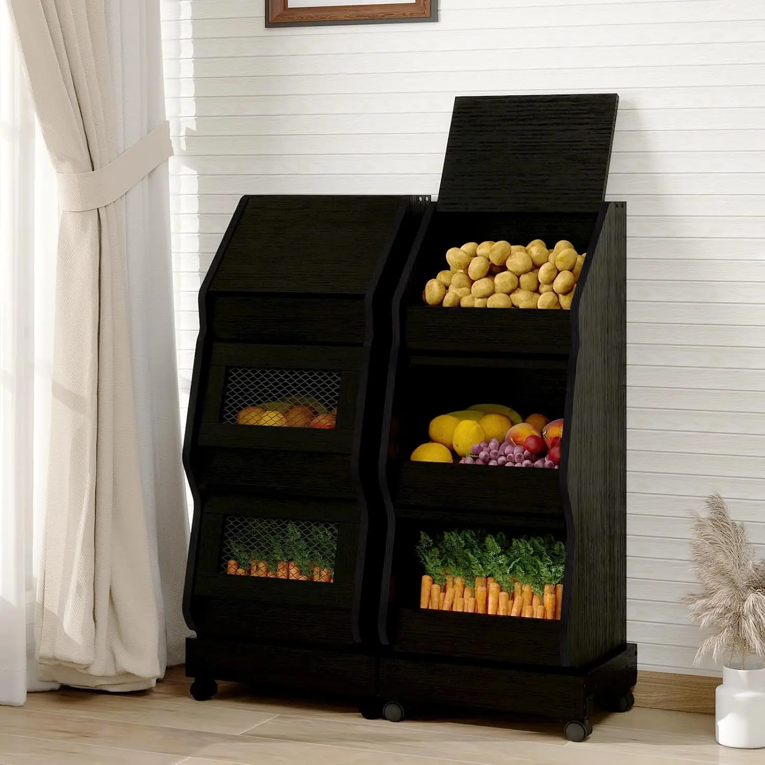 

Potato and Onion Storage Bin with Wheels Black Set of 2 Movable Bread Box with Lid Onion Organizer with Grocery Section