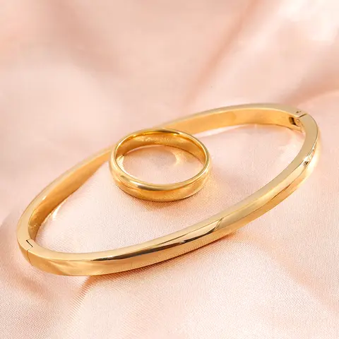 Yupsk Sliver Gold Color Smooth Surface Stainless Steel Bracelet Ring Set for Women Men Simple Fashion Couple Accessories Gift