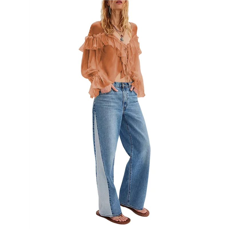 

Женская струящаяся шифоновая рубашка с завязками спереди и длинными рукавами с баской и кружевной отделкой, прозрачная пляжная блузка с v-образным вырезом в стиле бохо с рюшами