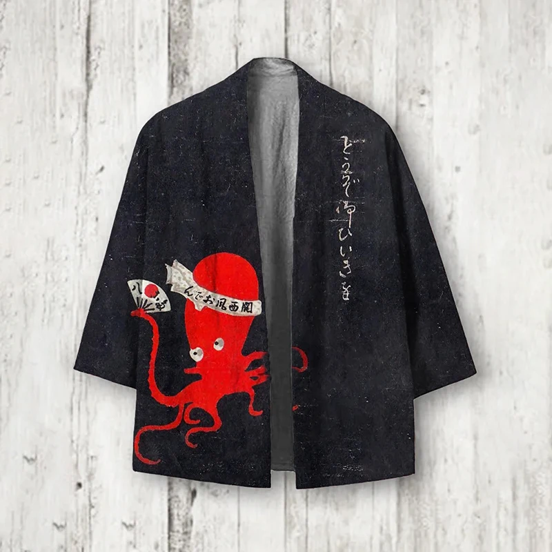 

Men's Casual Kimono Style Octopus Print 0 Japanese Letter Print Yukata Cardigan Summer Women's Harajuku Loose Front Open Shirt