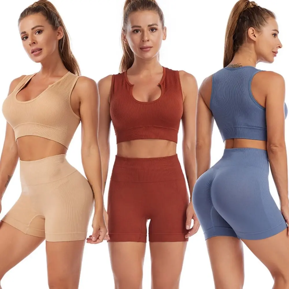 

Crop Tops Nylon Women Yoga Suit Rib-Knit Stretchable Suspenders Shorts Suit Comfortable Ringless Running Shirts Fitness Wear