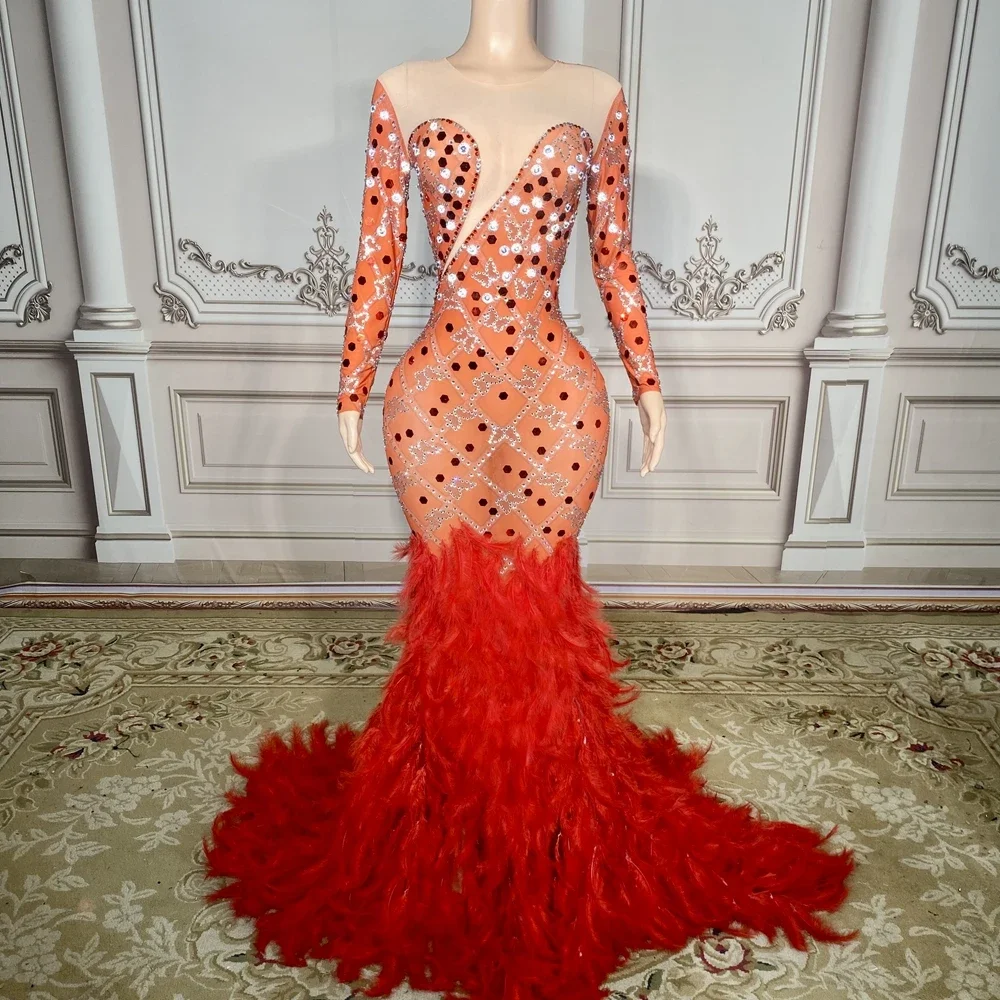 Sparkly Rhinestones Red Sequins Floor-length Feathers Dress for Women Elegant Birthday Celebrate Wedding Evening Prom Dress