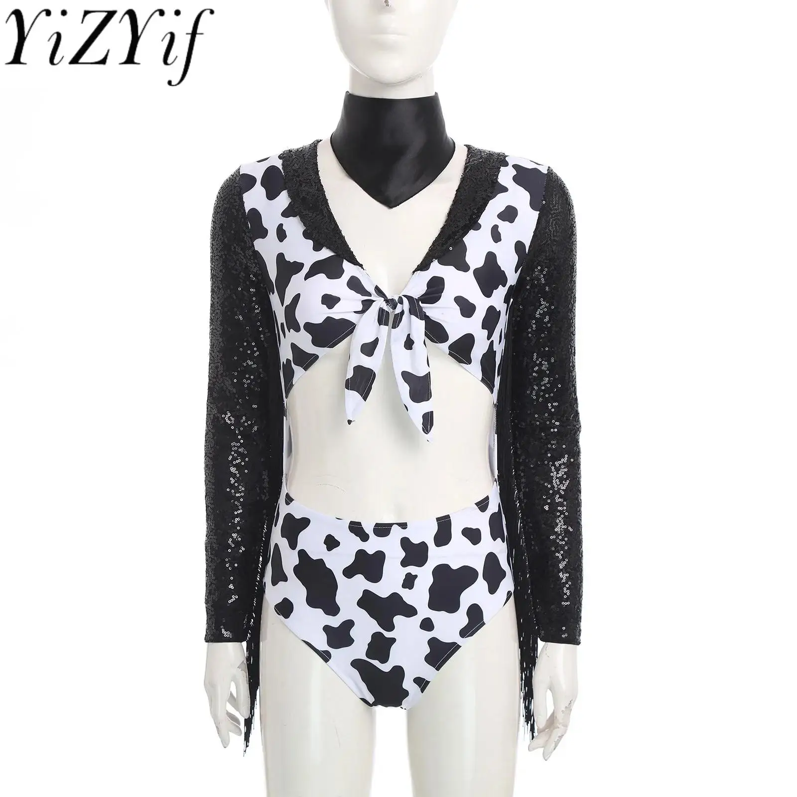 

Women Fashion Cow Print Hippie Cowgirl Cosplay Bodysuits with Neck Scarf Western Cowgirl Halloween Carnival Role Play Outfits