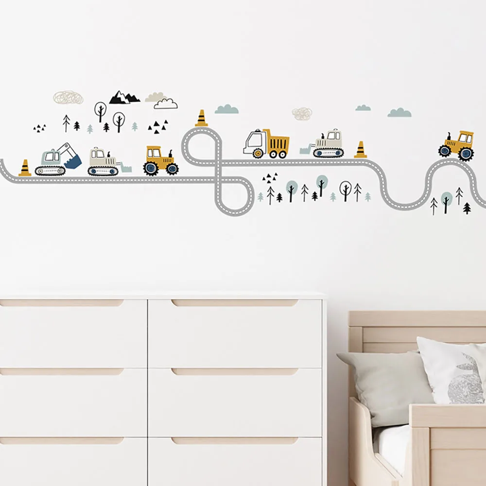 Cartoon Construction Vehicles Wall Stickers, Excavator & Truck Road Decals for Boys Nursery