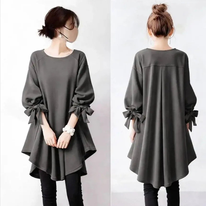 Loose Casual Style Long Sleeve Mid-Length Shirt  Sleeve Seven-Foot Sleeve Pure Color Lazy Style Spring Autumn Women'...