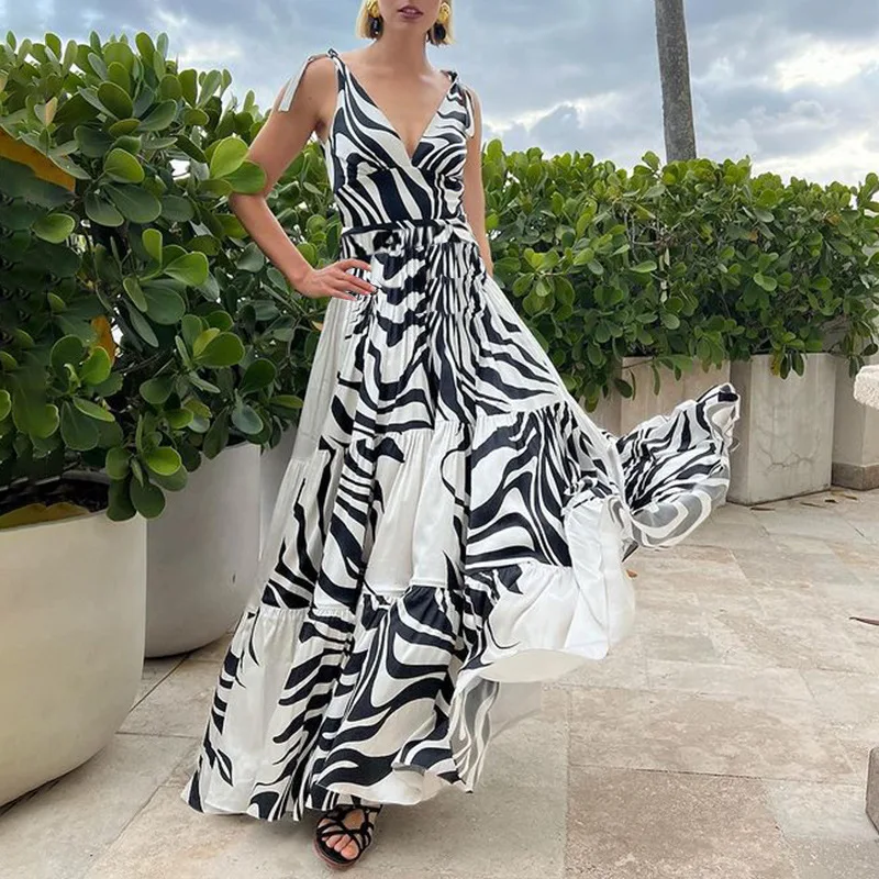 One Piece Swimsuit For Women European And American Swimsuit Deep V Black And White Striped Print High-end Swimsuit Suit Women