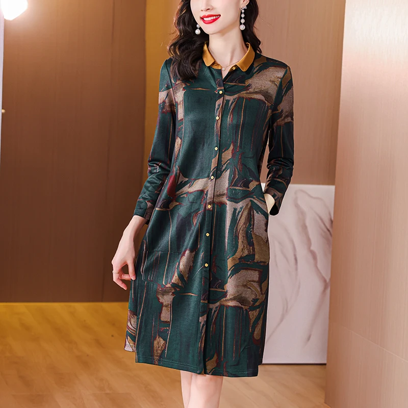 

2023 New Oversized Mom's Dress Fashionable Spring and Autumn Long Sleeve Dress Fashionable Print Loose Slim Shirt Dress Robe