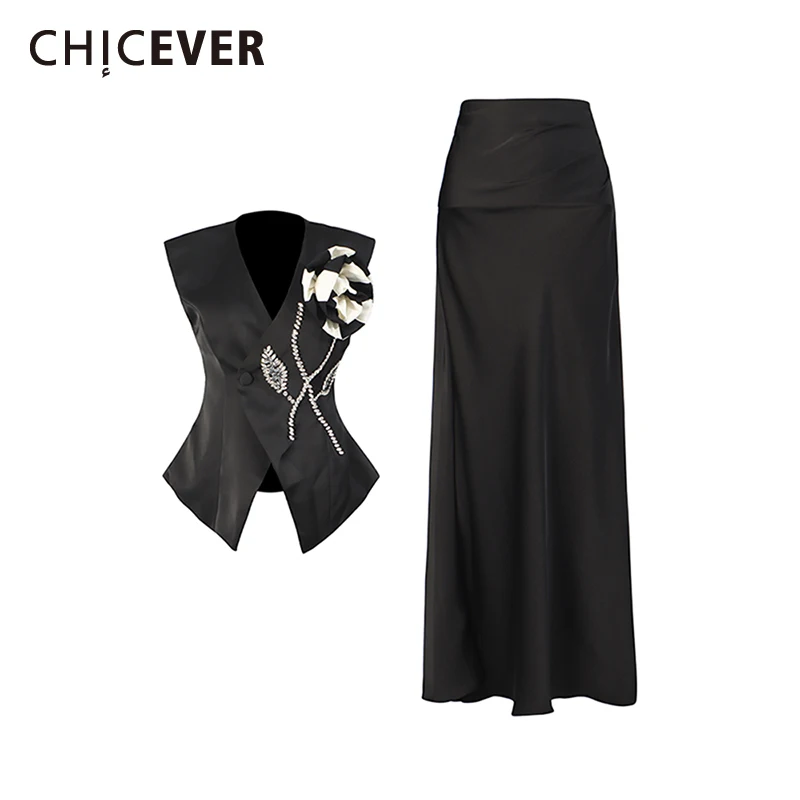 

CHICEVER Black Spliced Diamonds Two Piece Set Female V Neck Sleeveless Jacket Streetwear Women's Long Skirt Sets Fashion Style