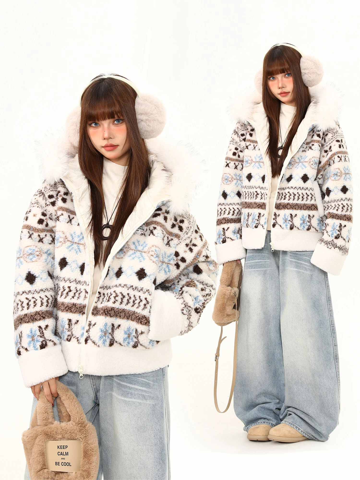 

Женская утепленная хлопковая куртка Wild Winter свободного кроя с капюшоном, теплым меховым воротником, в стиле ретро Fair Isle, уличная одежда