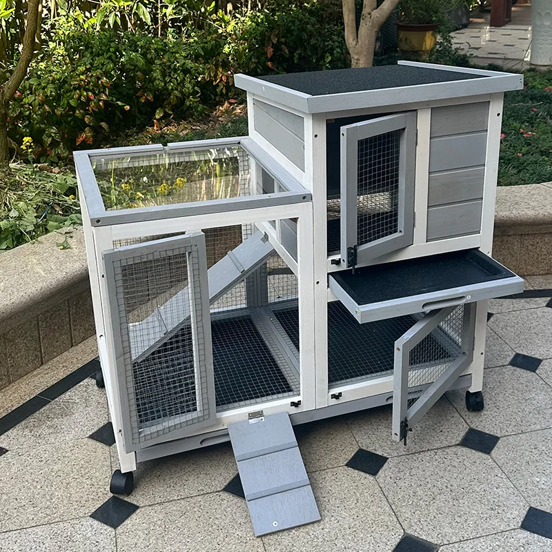 Outdoor pet cage roof rainproof mesh baffle plastic drawer two-layer wooden cage