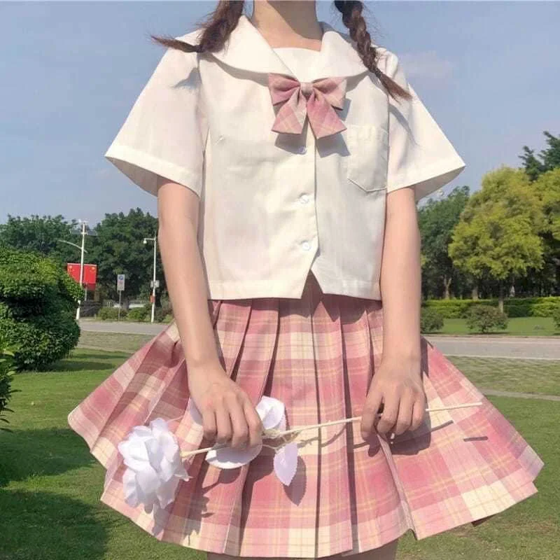 

Sweet JK Uniform Dress Sets Japanese Korean Style Short Sleeve Shirts High Waist Pleated Skirt Sets 2 Piece Sets Womens Outfits