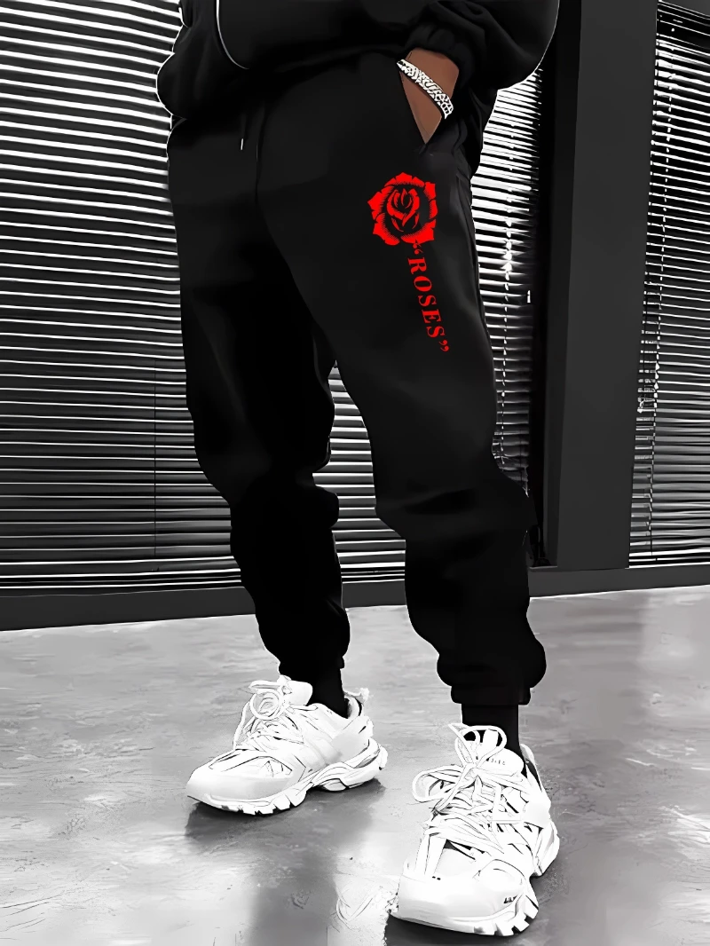 

2025 Autumn and Winter Mens Casual Sweatpants Mens Black Jogger Pants Red Rose High-end Luxury Is for Both Men and Women Gym