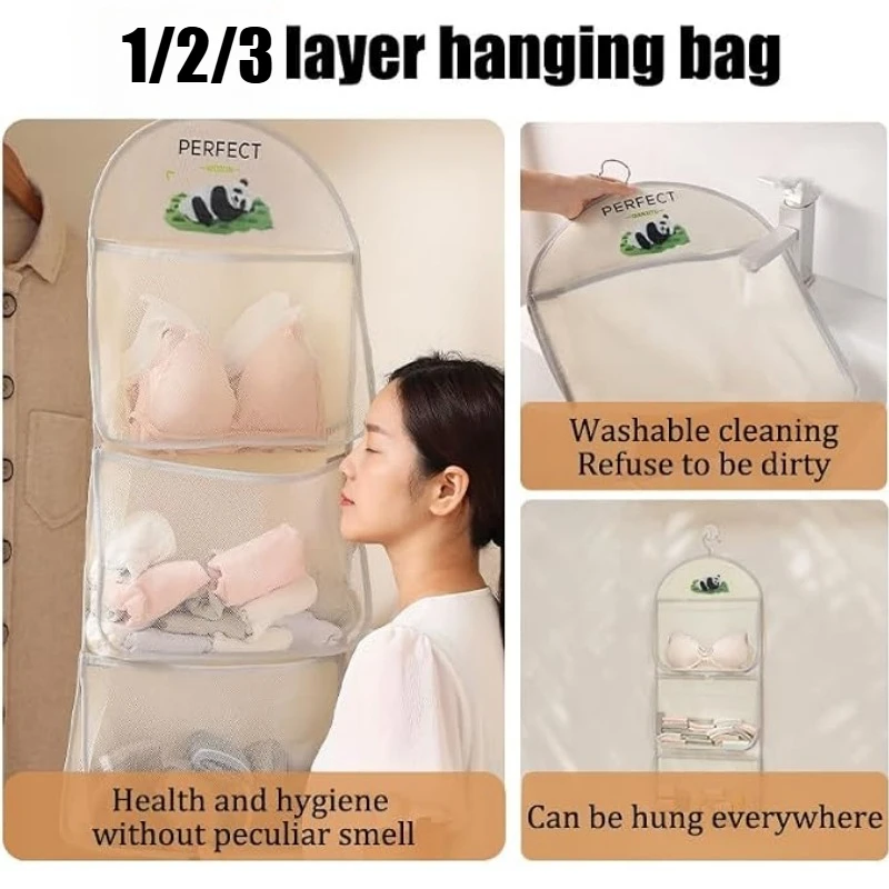 1/2/3-stöckiger Netz-Hängeaufbewahrungsbeutel, Wand- und Schrank-Organizer, Sichtbare Netztasche für BHs, Unterwäsche, Socken, Wohnheim, Zuhause, Kleiderschrank-Aufbewahrung – Detail 9