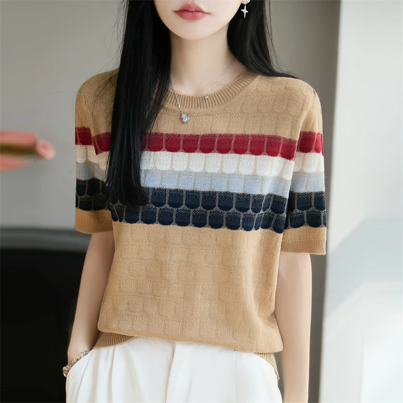 

Women's round neck T-shirt summer new wool knitted short sleeved casual color blocked shirt women's round neck pulloverloose top