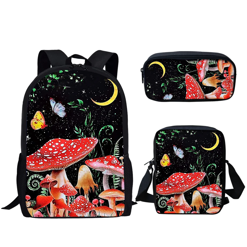 Set tas sekolah 3 buah untuk remaja, tas punggung kasual harian pelajar, ransel motif bulan jamur, kreatif, tas buku anak-anak