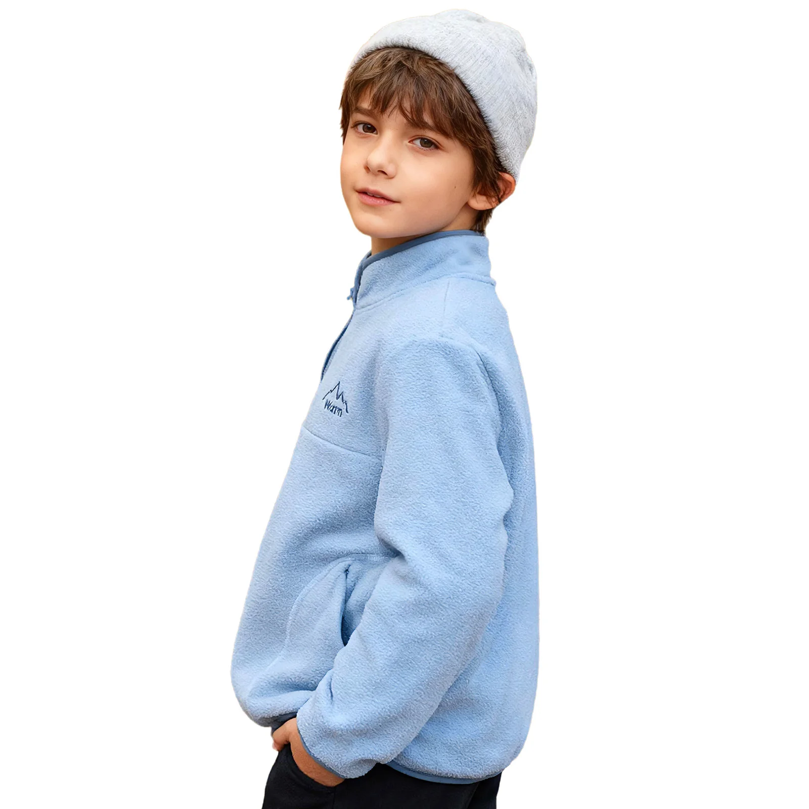 Kids Boys Warm Fleece Sweatshirt Autumn Clothes Zip-up Long Sleeve Pullover Top with Pockets for Casual Outdoor Camping Hiking