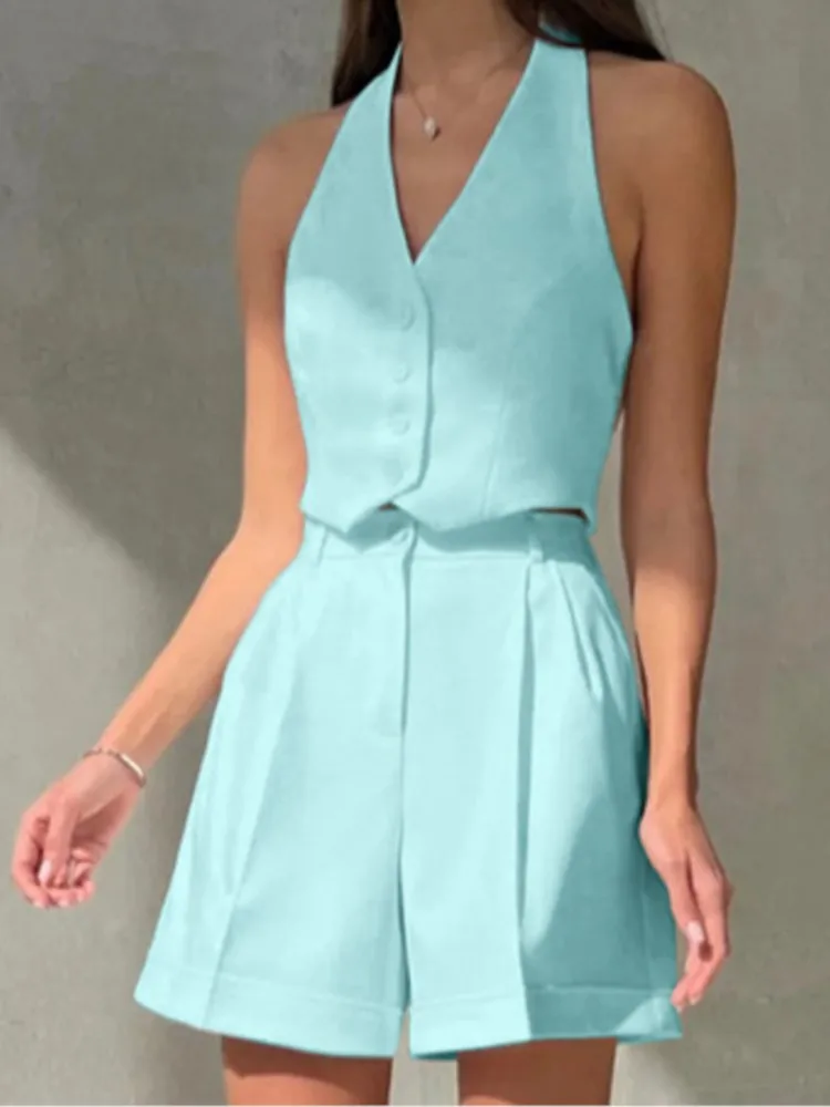 Fashion Chic Set Lady Sleeveless V Neck Halter Short Tops+High Waist Shorts 2 Piece Sets For Women Solid Holiday Streetwear New