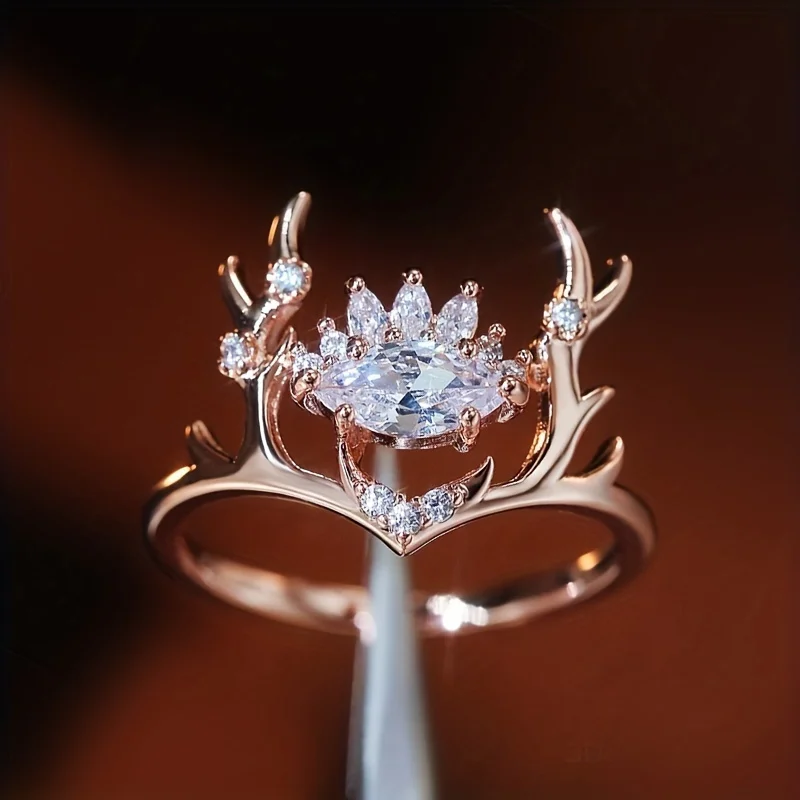 1 Creative Design Deer Antler Shiny Zirconia Couple Ring for Women's Engagement Wedding Party Jewelry Gift Wedding Engagement Promise Bride Eternity Ring Anniversary Ring Birthstone Ring Ladies Romantic Holiday Gift Ladies' Daily Casual Jewelry