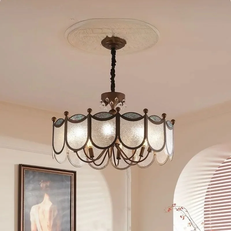 Vintage Stained Glass Chandelier Black Wrought Iron Frame Retro Pendant Light Farmhouse Suspension Lamp for Dining Room Bedroom
