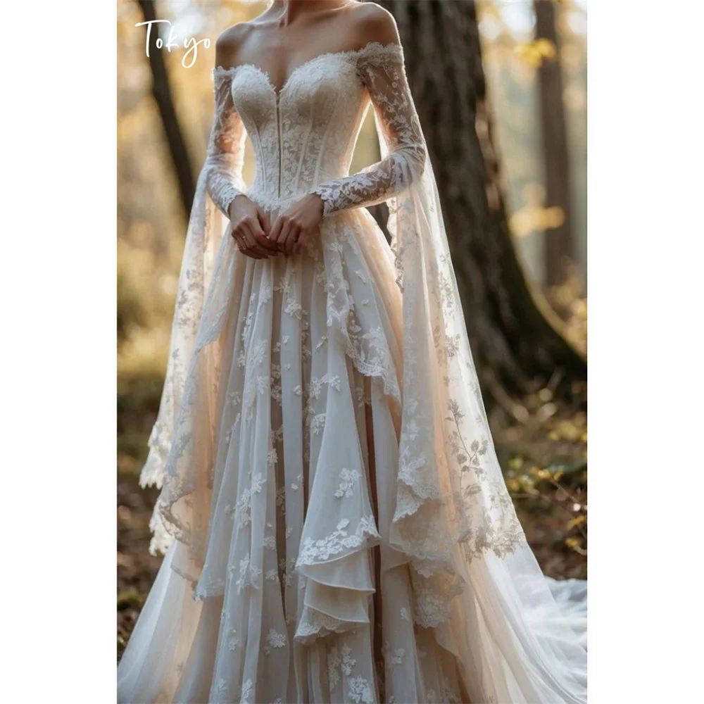 Tokyo Off Shoulder Long Sleeve Wedding Dress Lace Corset A Line Bridal Gown Fairy Forest Wedding Dress Vintage Party Gown 2026