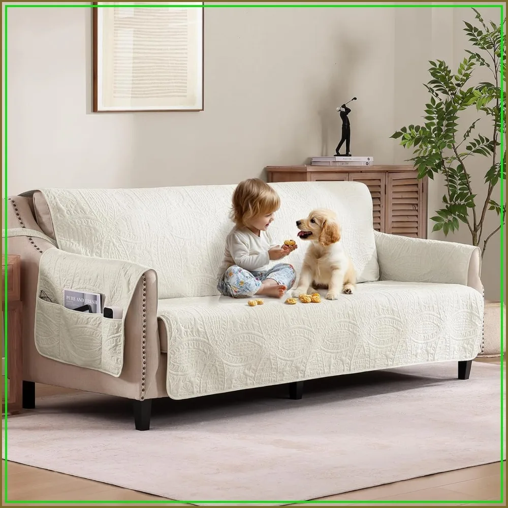 Quilted Grand Sofa Cover for 4 Cushion Couch, Soft Washable Protector, 98 in, Ivory