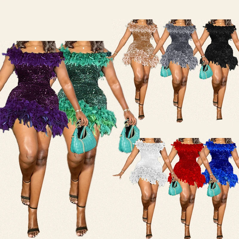 Dames Feestjurk Mouwloze Glanzende Pailletten Veren Avondjurk Sexy Off Shoulder Backless Mini Formele Prom Dresses Hxy8