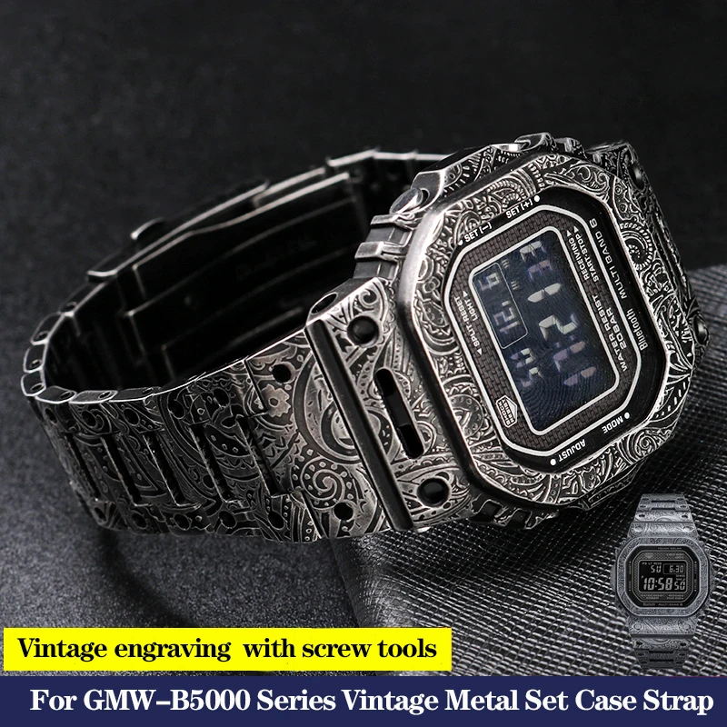 New Vintage Distressed Metal Case Stainless Steel Watch Strap For C-asio GMW-B5000 Series with Screw Tools Retro Bezel Watchband