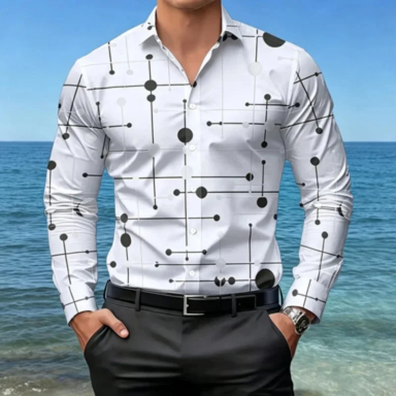 Men's long sleeved 3D shirt with lapel collar, long sleeved shirt with geometric lines, polka dot printed shirt,