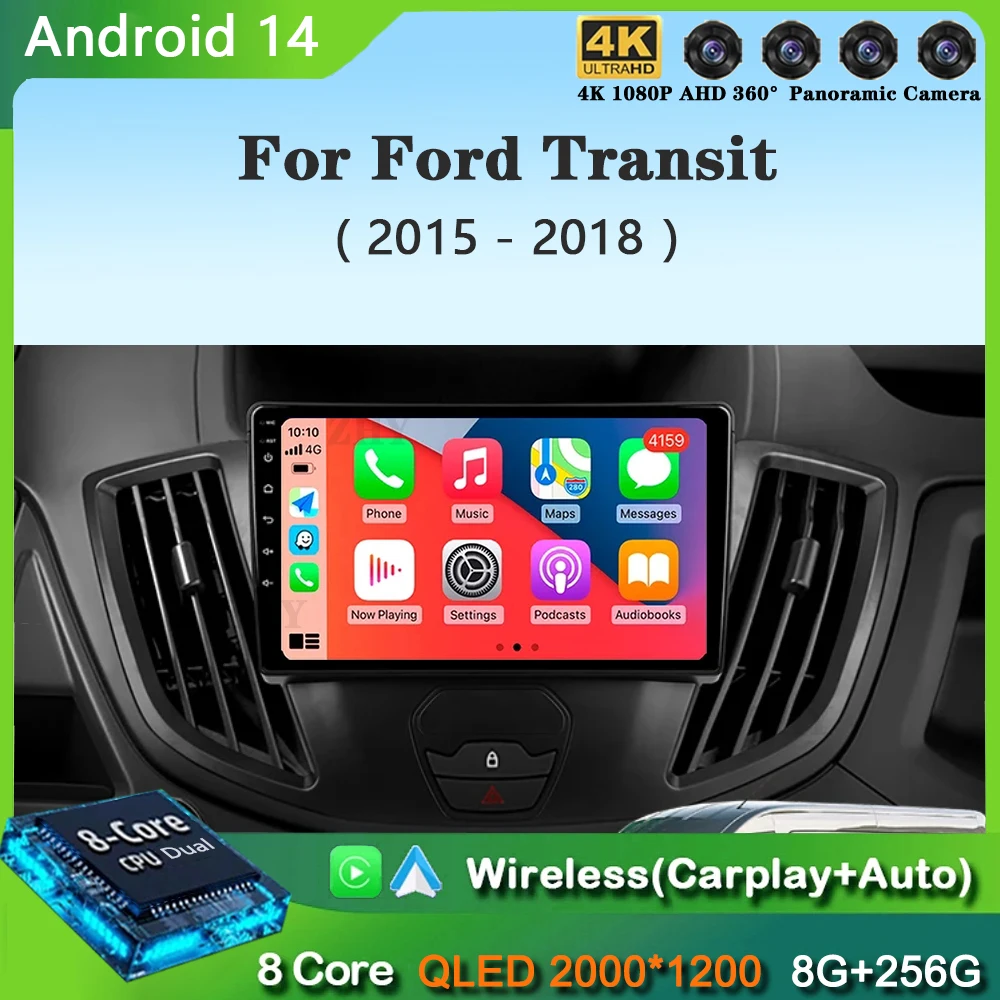 Android 14 Wireless Carplay&Auto WIFI+4G For Ford Transit 2015 2016 2017 2018 Car Radio Multimedia Video Player Stereo 2din  GPS