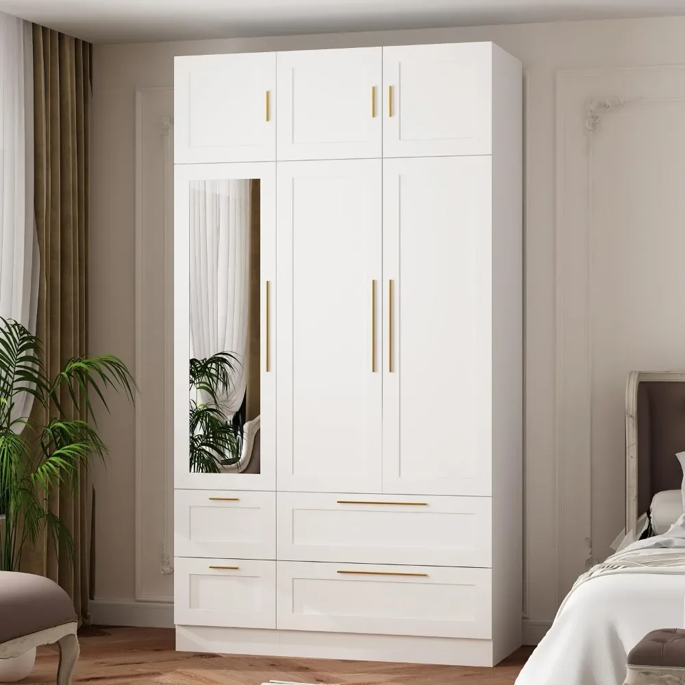 Wardrobe Armoire Closet with Mirror, 3 Door Wardrobe with Hanging Rod, 4 Drawers, Shelves, Modern Bedroom Armoire with Gold Hand