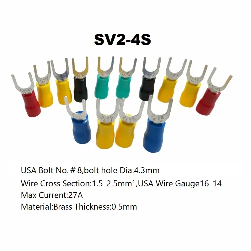 50PCS SV2-4S Insulated Cable Lug For Wire 1.5-2.5mm² AWG16-14 Brass Electrical Connector Crimp Terminal Bolt No.#8 Hole Dia.4.3