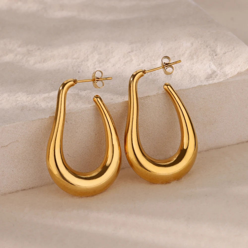 

Hollow Curve Big Hook Hoop Earrings For Women Stainless Steel Gold Color Piercing Earring New Fashion Wedding Waterproof Jewelry