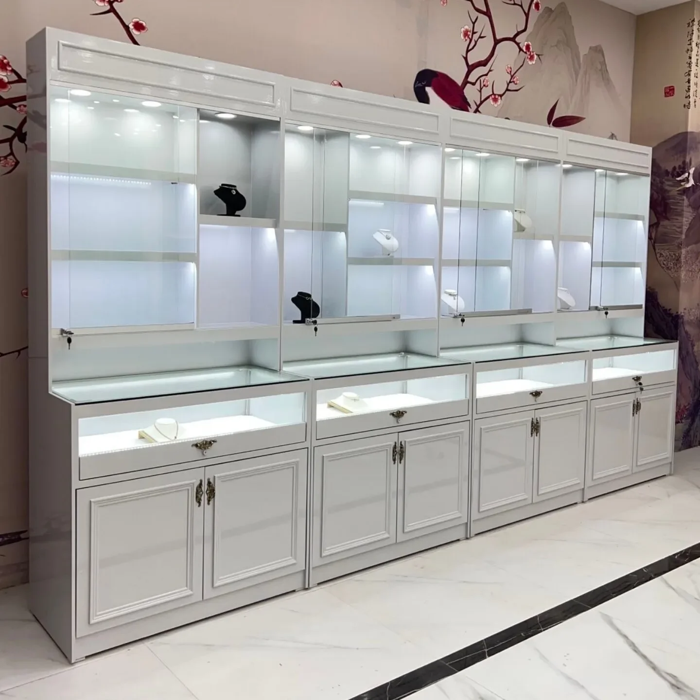 Solid wood jewelry display cabinet necklace stud earrings jewelry jadeite jewelry cabinet glass jade