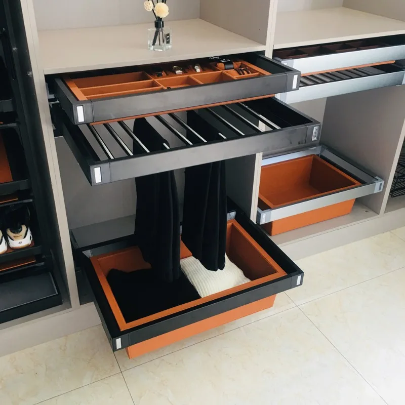 

Light luxury cloakroom pants rack wardrobe household multi-functional telescopic pants rack pull-out basket jewelry box Baibao