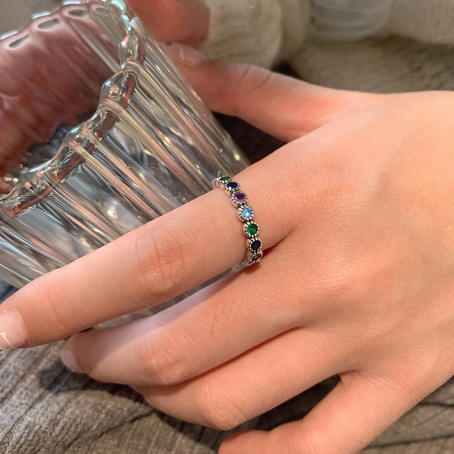 LIVVY Silver Color New Fashion Multi-colored Circular Zircon Chain Ring For Women Trendy Creative Adjustable Party Jewelry